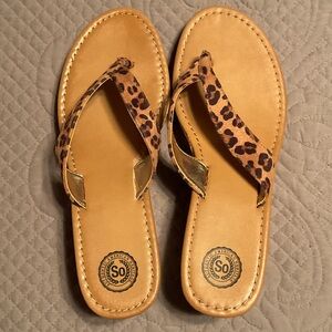 So Leopard Print Flip Flop Thong Sandals with Gold Accents